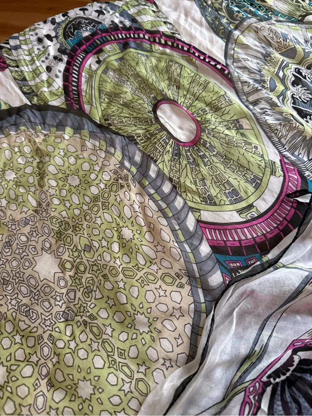 Circular Medallion in Pink, Green, Gray scarf- silk I think